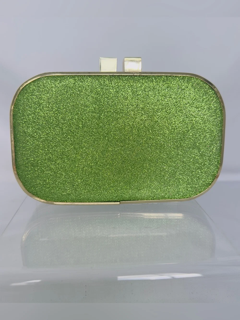 Mini Green Glitter Clutch Bag Oval Metallic Box Style Kiss-Lock Evening Bag